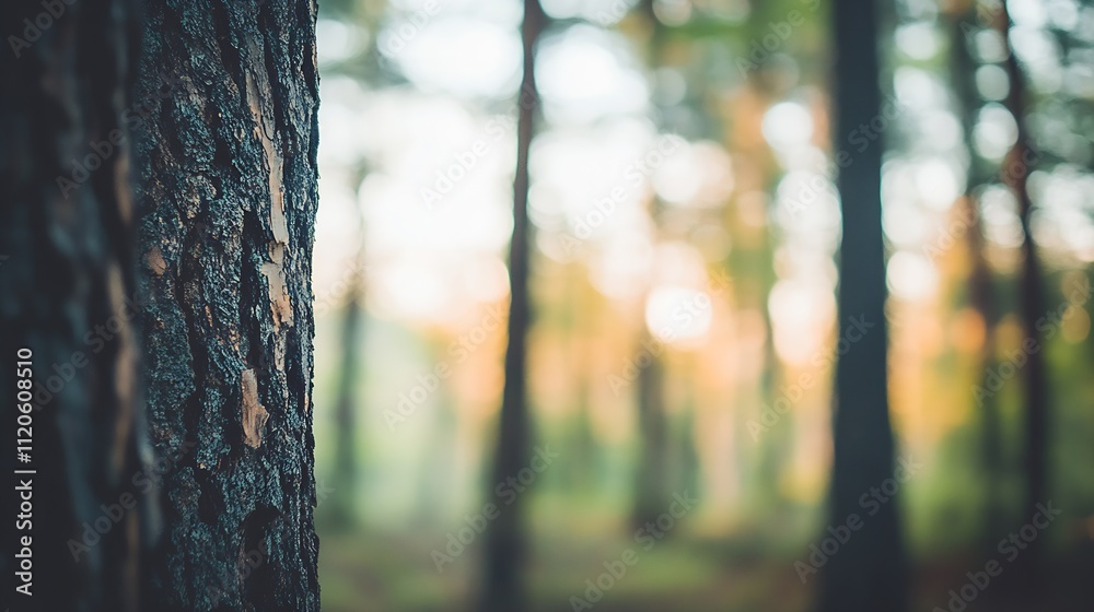 Fototapete Closeup of Tree Trunk in Sunlit Forest Captured with Shallow Depth of Field : Generative AI