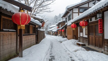 A narrow winding path through the village is flanked by houses wearing snowcapped roofs. Delicate lanterns sway gently in the crisp breeze their red hues reflecting off the white