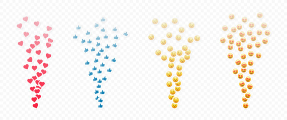 Likes flying up for stories and live streams. Colorful like and thumb icons for social media ui. Vector illlustration isolated in transparent background, vector 10 eps.