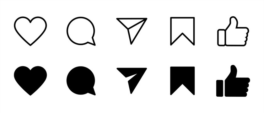 Set of generic social media user interface icons. Like, comment, share and save icons. Social media flat icons. Vector, flat outline icon isolated on white, 10 eps.