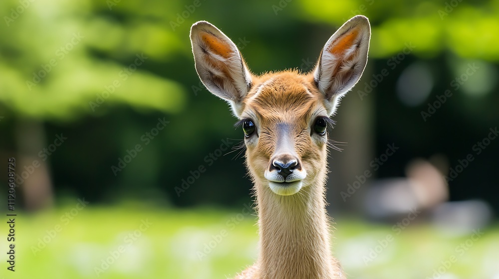 Poster young deer in open meadow with lush green background : generative ai