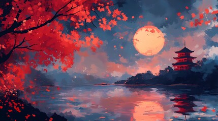 Mythical landscape of Japan featuring dreamlike forests and sacred symbols, perfect for traditional meets fantasy artwork.