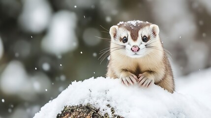 Obraz premium Cute Ferret on Snowy Log in Winter Woodland Setting : Generative AI