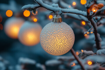 Obraz premium Winter holiday celebration with illuminated ornaments hanging on frosty branches
