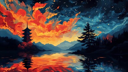 Mythical landscape of Japan featuring dreamlike forests and sacred symbols, perfect for traditional meets fantasy artwork.