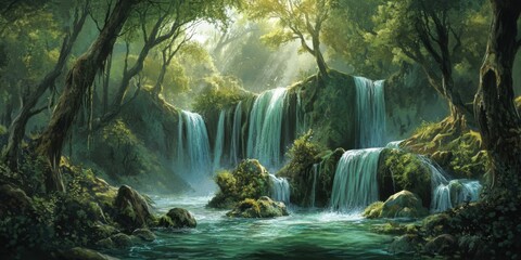 Enchanting forest with cascading waterfalls
