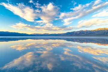 Obraz premium Tranquil Evening Scenery with Mountainous Lakeside Views and Reflective Clouds at Sunset : Generative AI