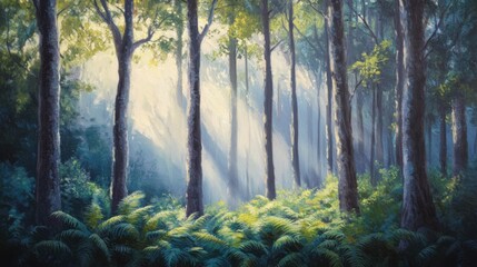 Obraz premium Enchanting forest with sunlight and ferns
