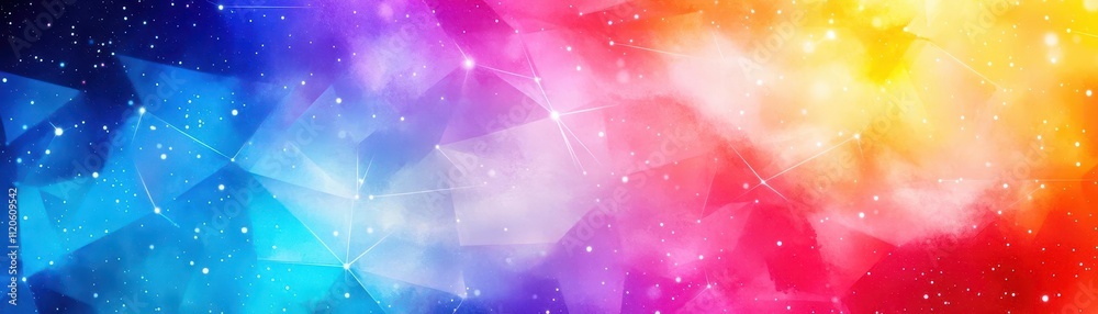 Poster Swirling galaxy of dynamic polygons in vivid watercolor tones, merging abstract lines with fluid dimensional elements