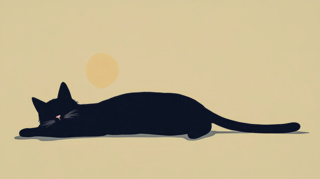 Black cat silhouette resting in the sun with minimalist design