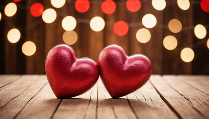 Two red heart-shaped placed on a wet surface, possibly a street or pavement. Happy Valentine's Day