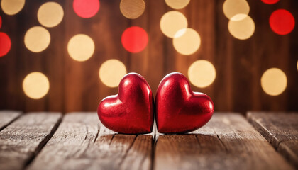 Two red heart-shaped placed on a wet surface, possibly a street or pavement. Happy Valentine's Day