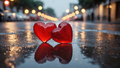 Two red heart-shaped placed on a wet surface, possibly a street or pavement. Happy Valentine's Day