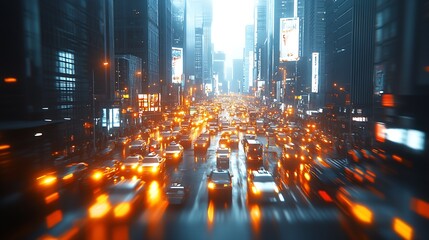 Fototapeta premium Dynamic Urban Traffic Scene in New York City with Blurred Lights at Dusk : Generative AI