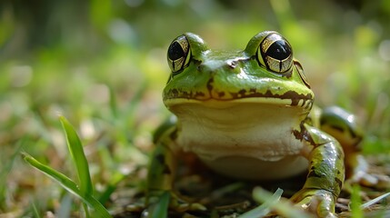 Obraz premium Green frog closeup highlighting amphibian features in natural grassy habitat : Generative AI