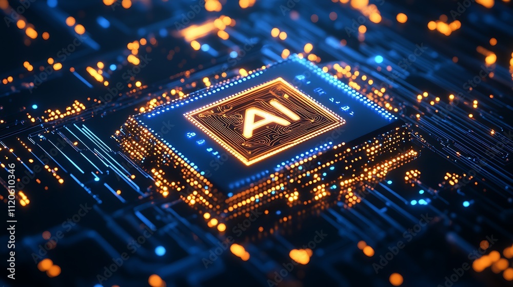 Aufkleber Advanced AI Chip on Futuristic Circuit Board in Blue and Orange Hues : Generative AI