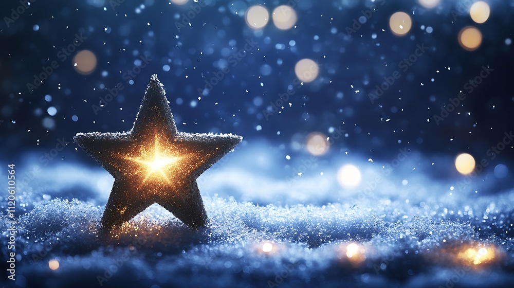Poster glowing christmas star shining in snowy winter night with soft bokeh : generative ai