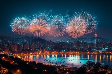  Spectacular New Year fireworks lighting up Brasilia skyline at night with vibrant city lights and festive atmosphere