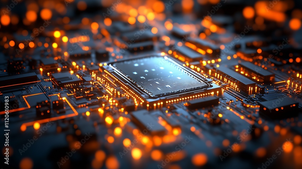 Aufkleber Close Up of a Dark Circuit Board with Illuminated Microchip and Orange Accents : Generative AI