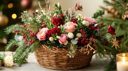 Elegant floral arrangement in wicker basket with Christmas decor