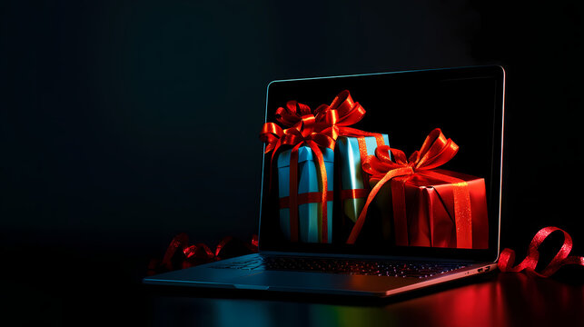 Cyber Monday and Black Friday Shopping Frenzy: Laptop with Illuminated Screen and Presents with Ribbons on a Bold Black Background, Ready for Customizable Ad Text