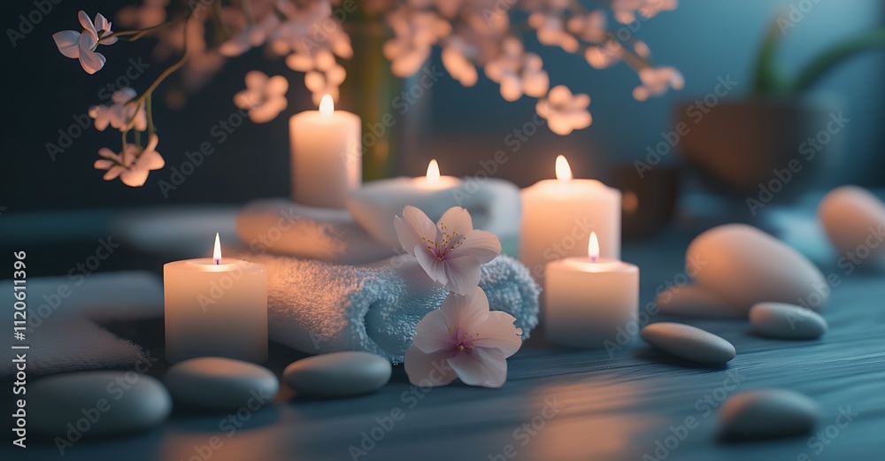 Poster serene wellness setting with candles and blossoms for meditation and selfcare environments : generat