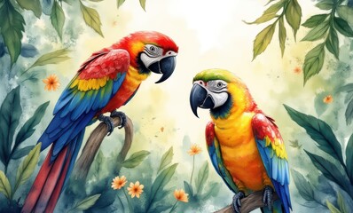 Colorful tropical parrots perched together