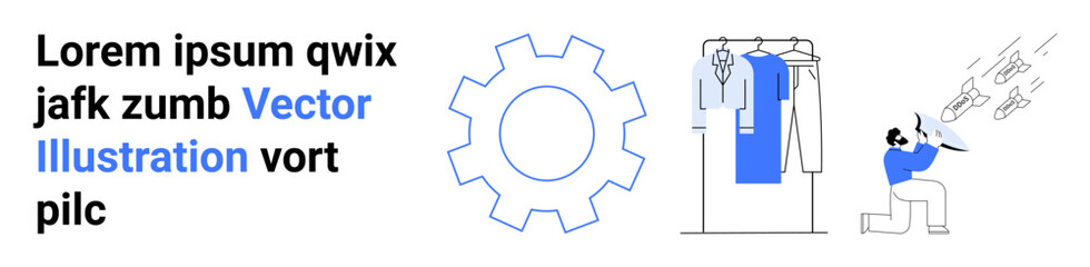 Gear graphic, snippet of text, clothing rack with garment, and person working with tools. Ideal for creativity, design, productivity, work processes innovation efficiency manufacturing. Landing