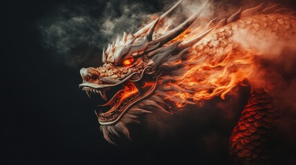 Fierce dragon breathing fire in darkness