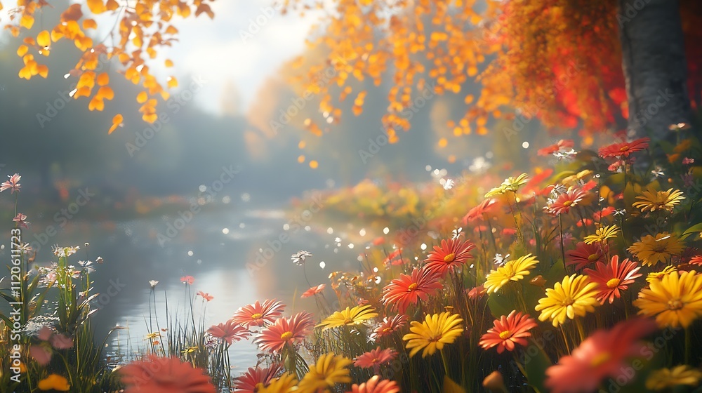 Poster vibrant autumnal riverside scene with colorful wildflowers and golden foliage in soft light : genera