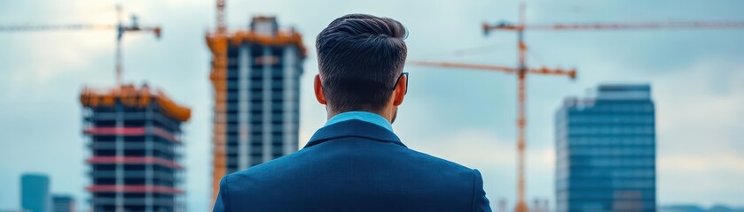 Corporate leader gazing at a skyscraper under construction close up, vision and ambition, ethereal, overlay, construction site backdrop