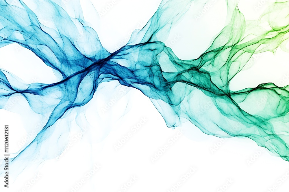 Poster abstract flowing blue and green wisps on white background for modern art themes : generative ai