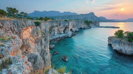 Breathtaking Ocean View from Rocky Cliff Side at Sunset