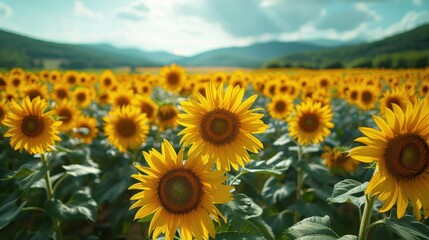 Fototapeta premium Bright Sunflower Field Under Blue Sky at Midday