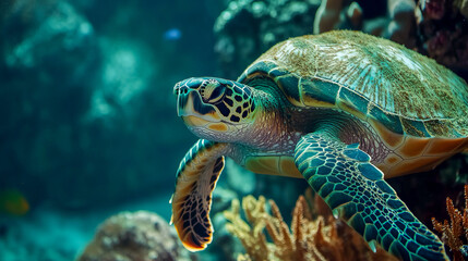 Fototapeta premium Majestic sea turtle swimming in vibrant coral reef underwater scene