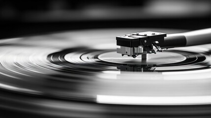 Close-up of a record player's needle on a spinning vinyl record.