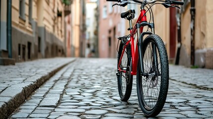 Vibrant red road bike on historic cobblestone street : Generative AI