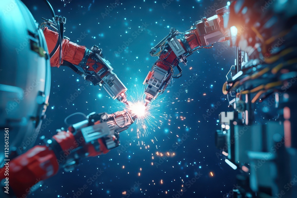 Poster autonomous robotic arms welding a spacecraft in zerogravity, surrounded by a backdrop of stars, ultr
