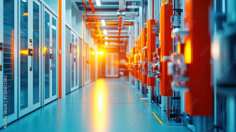 Poster Automated fire suppression systems activating in a smart building, front view, emphasizing advanced safety tech, technology tone, Complementary Color Scheme