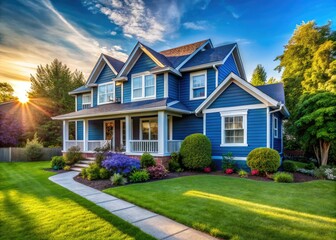 Dream Home Portrait: Blue Siding House, Lush Green Lawn, Perfect Curb Appeal