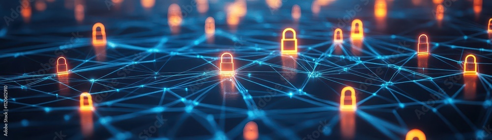 Poster An interconnected web of glowing digital nodes, each protected by small glowing locks, symbolizing network security