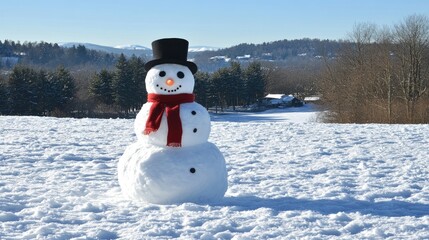 Cheerful Snowman with Top Hat and Scarf in Winter Wonderland Scene