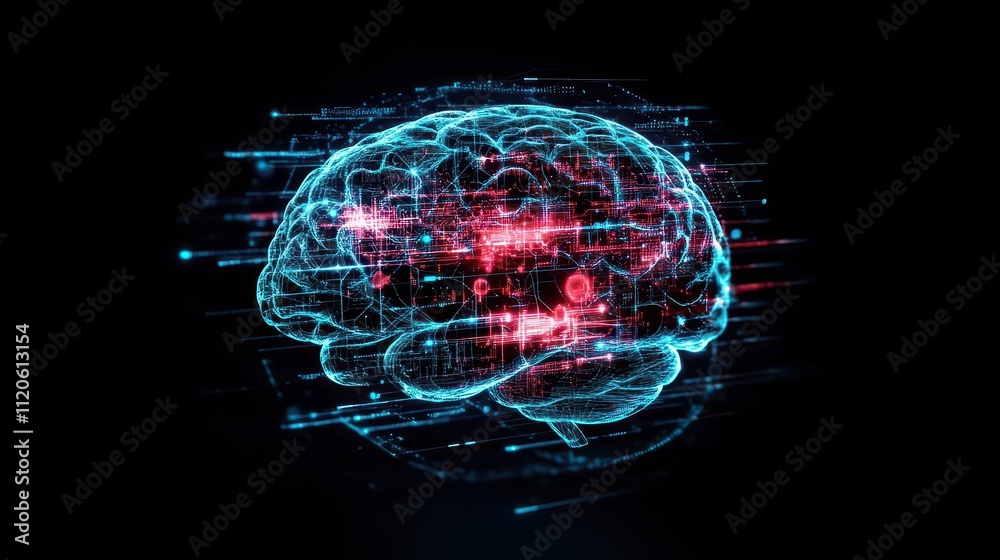 Poster an abstract digital brain shielded by layers of holographic defenses, representing ai in cybersecuri