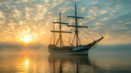 Obraz premium Historic Sailing Ship at Sunrise Amidst Fog Casting a Magical Glow on Water : Generative AI