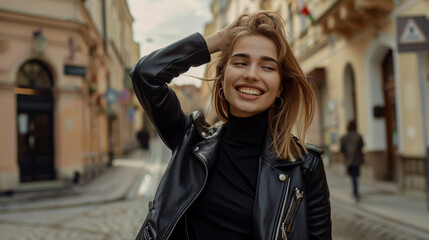 Happy young woman in a black turtleneck and leather jacket adjusting her hair on an urban street in Europe.