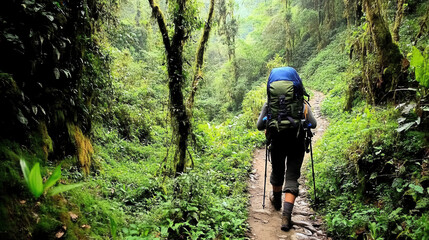 Obraz premium Solo Backpacker Trekking Through Dense Forest