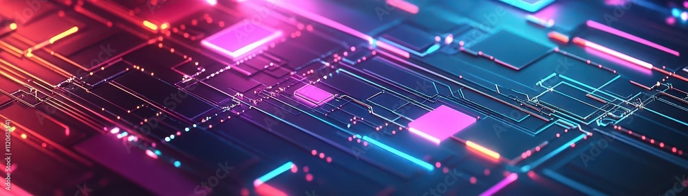 Poster abstract geometric patterns in a vibrant neon palette, overlayed with futuristic holographic texture