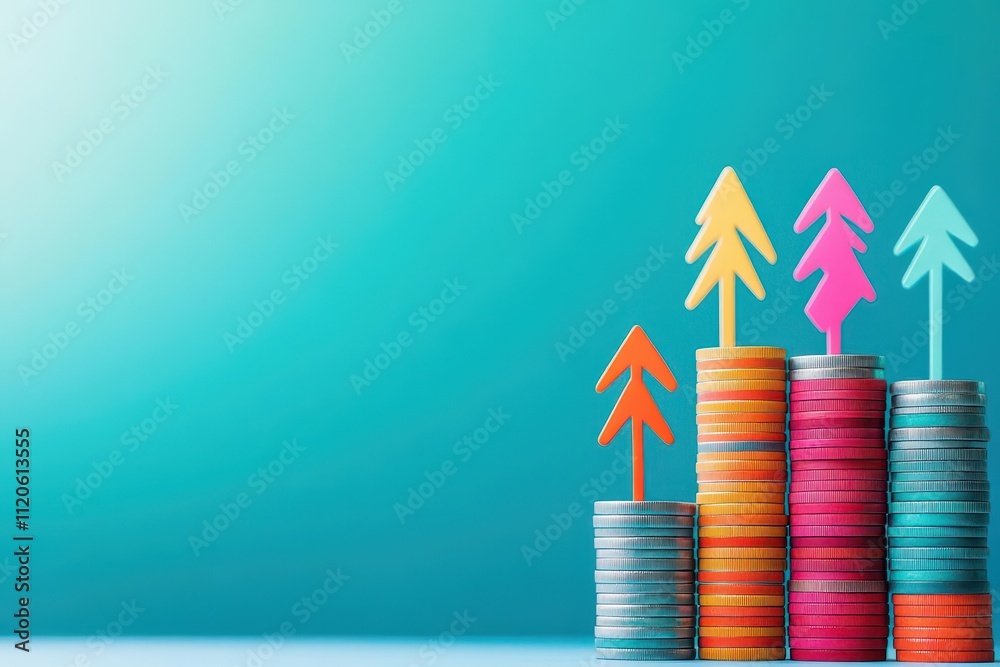 Poster abstract coin stacks with a vibrant explosion of arrows, psychedelic style, vivid colors, soft textu