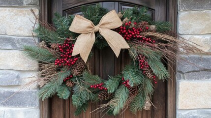 Beautiful Christmas wreath with pine, berries, and burlap bow
