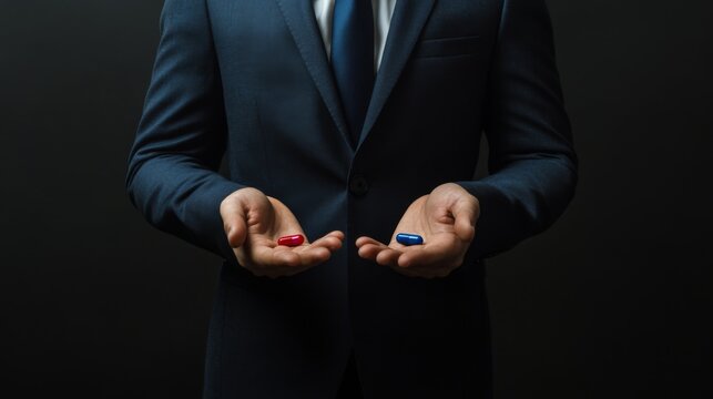 A person clad in a formal suit stands poised, holding the classic red and blue pill choice, symbolizing a decisive moment filled with weight and contemplation.